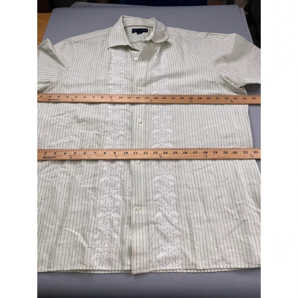Banana Republic Mens L Guayabera‎ Shirt Green Striped Embroidered Linen Cotton